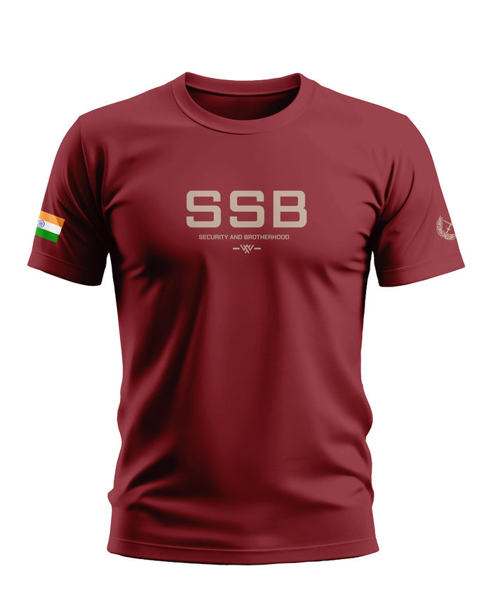 Maroon men's t-shirt with SSB text, Security and Brotherhood slogan, and Indian flag sleeve patch