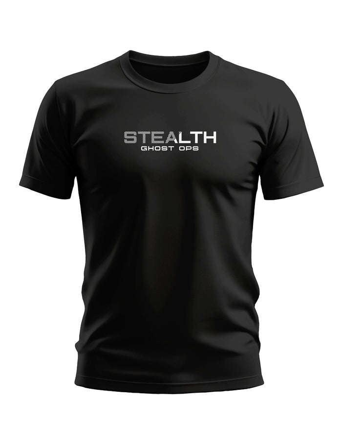 Black men's t-shirt with 'STEALTH GHOST OPS' white printed text, army-inspired fashion