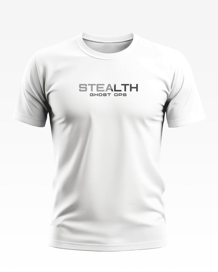 White men's t-shirt with 'STEALTH GHOST OPS' text on chest, short sleeves, front view