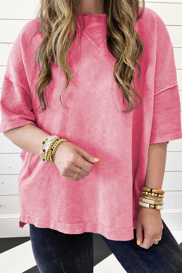 Strawberry Pink Mineral Wash Drop Sleeve Patchwork Plus Tee - 1X / 85% Cotton + 15% Polyester - Size/Plus Size