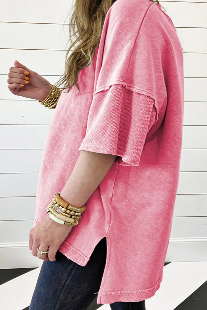 Strawberry Pink Mineral Wash Drop Sleeve Patchwork Plus Tee - Size/Plus Size Tops/Plus Tops & Tees