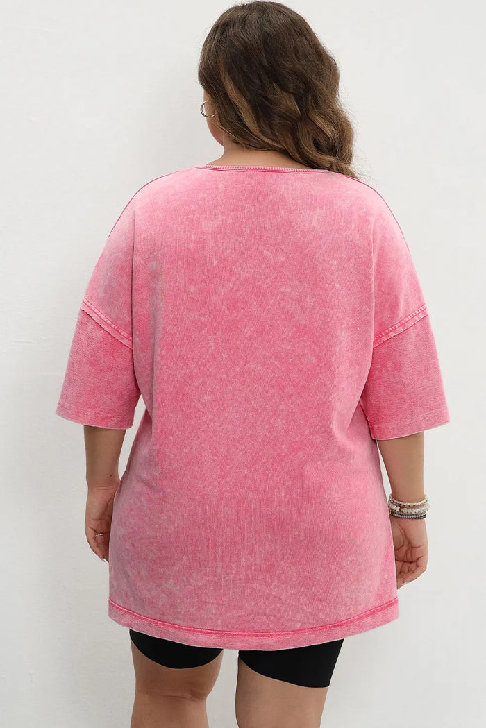 Strawberry Pink Mineral Wash Drop Sleeve Patchwork Plus Tee - Size/Plus Size Tops/Plus Tops & Tees