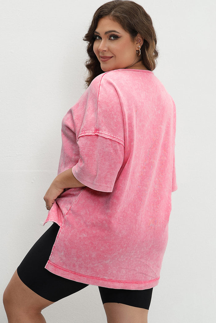 Strawberry Pink Mineral Wash Drop Sleeve Patchwork Plus Tee - Size/Plus Size Tops/Plus Tops & Tees