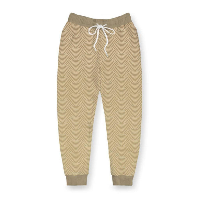 These men's joggers feature a mesmerizing Seigaiha pattern—rows of interlocking concentric semi-circles in earthy taupe against a sandy beige base—creating a hypnotic wave-like texture reminiscent of traditional Japanese design. Contact us with accessibility feedback, we'd love to help!