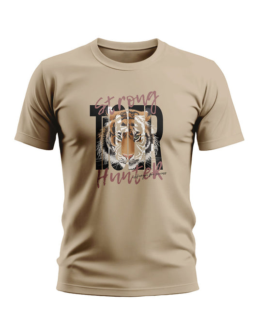 Beige men's t-shirt with tiger face graphic and 'Strong Tiger Hunter' text on front