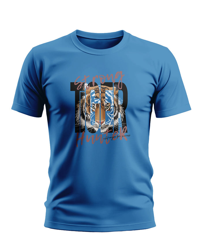 Blue men's t-shirt with strong tiger face and 'Tiger Hunter' graphic print on front