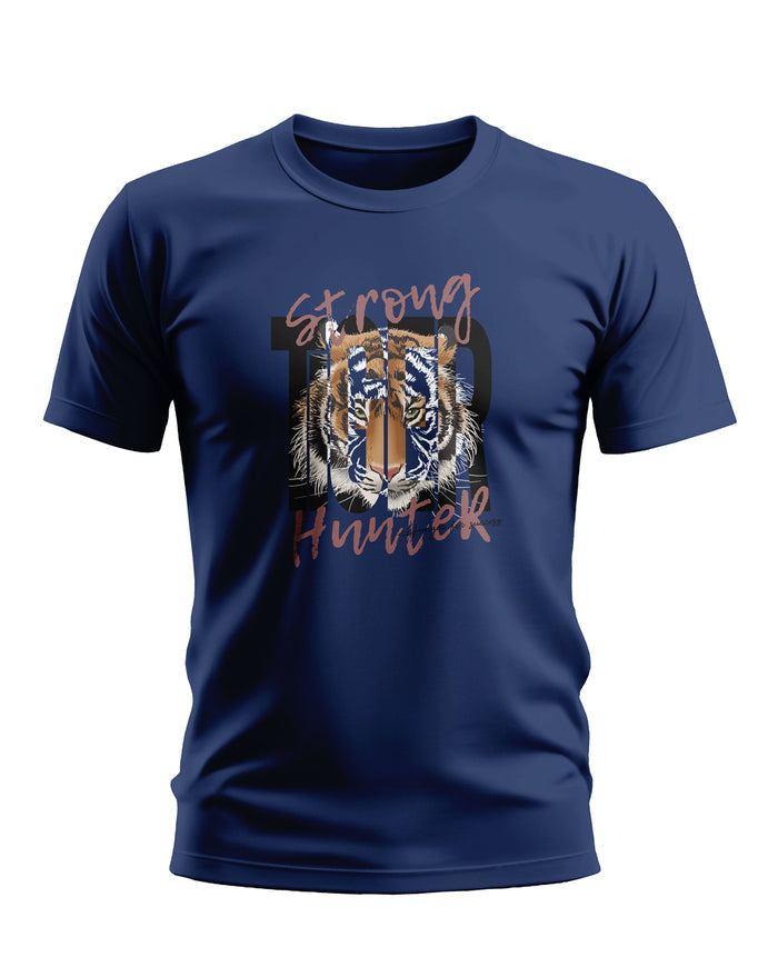 Navy blue men's t-shirt with tiger graphic and 'Strong Hunter' text on front