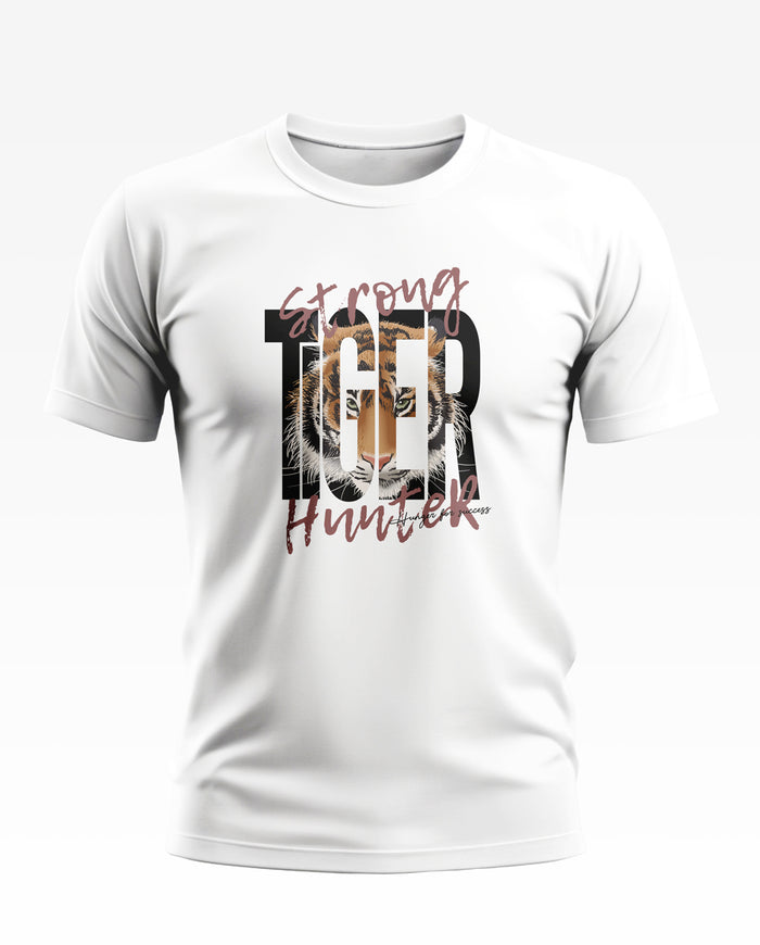 White men's t-shirt with tiger face graphic and strong hunter text design