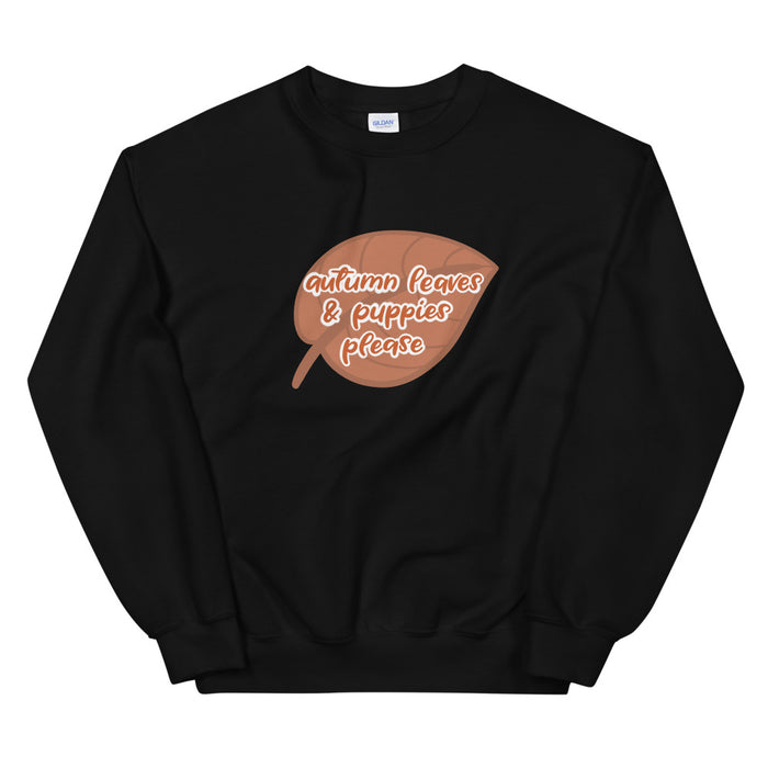 Stay cozy this fall in the Sassy Woof “Sweatshirt - Autumn Leaves & Puppies Please,” featuring a playful brown leaf graphic and autumn-inspired text—ideal for puppy cuddles and your favorite seasonal activities.