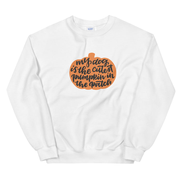 The Sassy Woof Sweatshirt—My Dog is the Cutest Pumpkin in the Patch—features a cozy unisex fit with an orange pumpkin graphic and playful text, making it a perfect fall dog-themed sweatshirt.