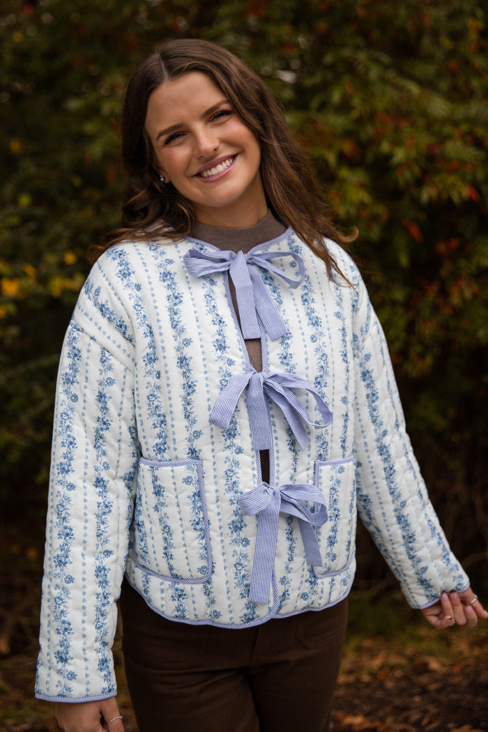 Ditzy Floral Quilted Jacket- Women's Blue Quilted Jacket- PeachLove Bow Floral Jacket