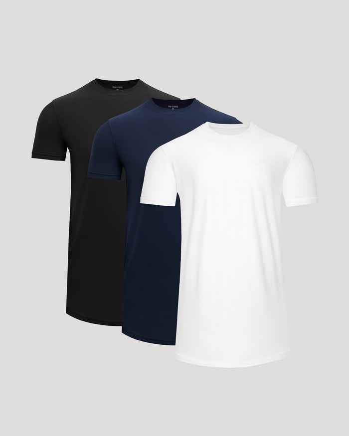 Three t-shirts in black, navy, and white on a light gray background