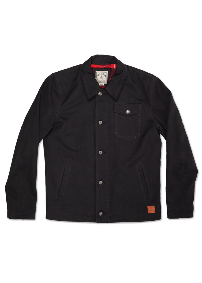 Black button-up jacket with a chest pocket, red lining, and a leather patch. Simple, stylish design for versatile wear.