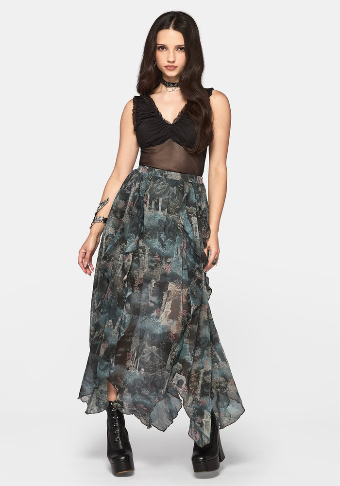 Thalassa Print Hanky Hem Chiffon Midi Skirt