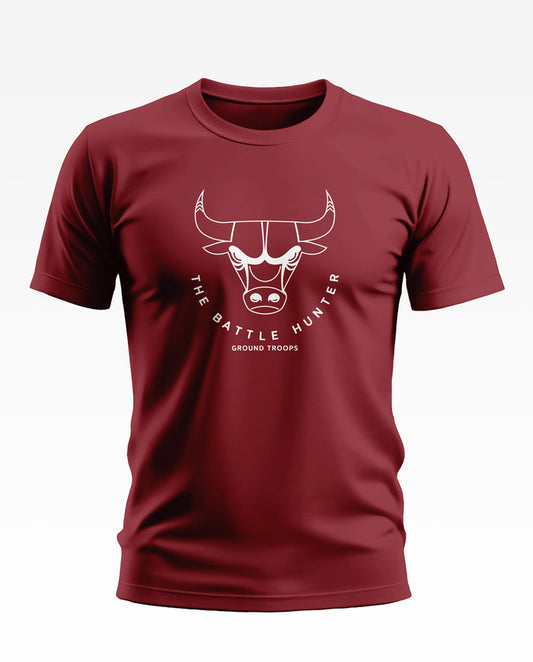 Maroon men's t-shirt with bull graphic and 'The Battle Hunter Ground Troops' text on chest
