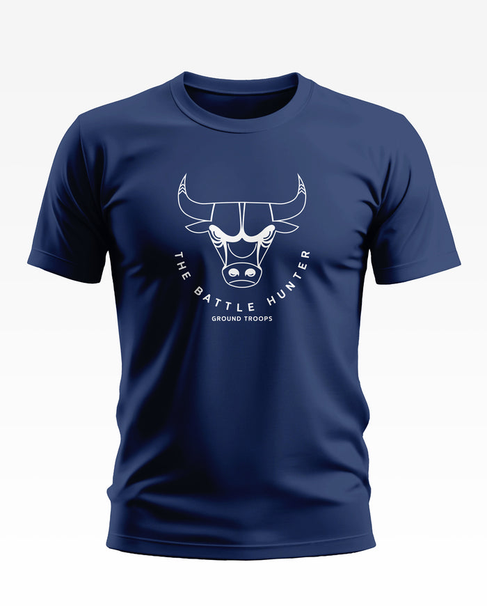 Navy blue men's t-shirt with bull graphic and 'The Battle Hunter Ground Troops' text