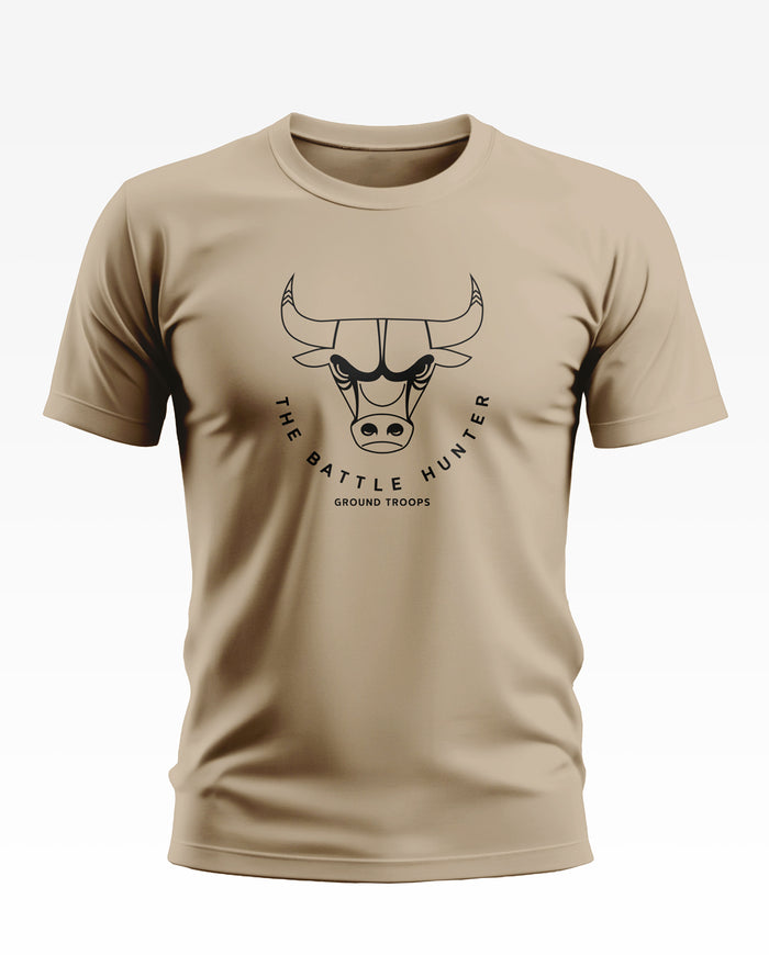 Beige men's t-shirt with bull head graphic and 'The Battle Hunter Ground Troops' text