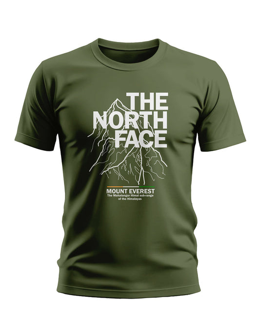 Olive green men's t-shirt with mountain graphic and bold 'The North Face' Mount Everest print.