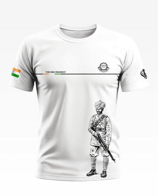 White men's t-shirt with Sikh Regiment print, Indian flag sleeve patch, soldier illustration