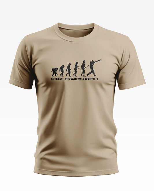 Beige men's t-shirt with cricket evolution graphic and 'CRICKET - THE WAIT WAS WORTH IT' text