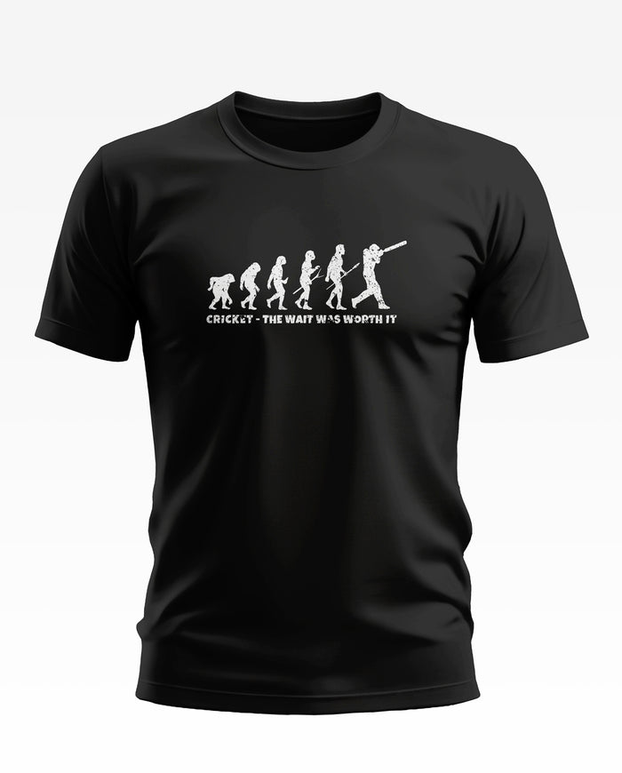 Black men's t-shirt with white cricket evolution graphic and 'Cricket - The wait was worth it' text.