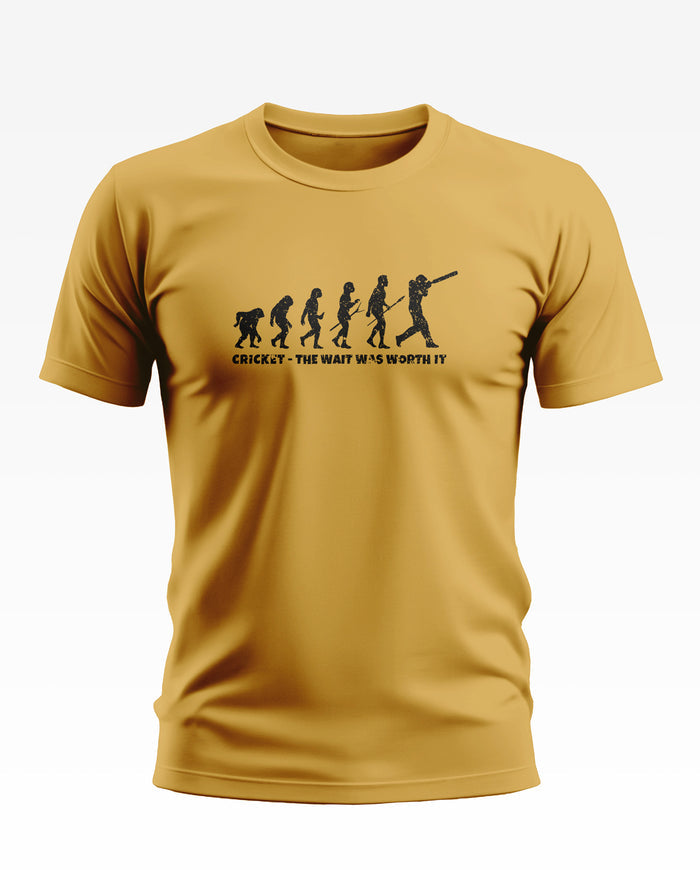 Yellow men's t-shirt with cricket evolution graphic and 'Cricket - The wait was worth it' text