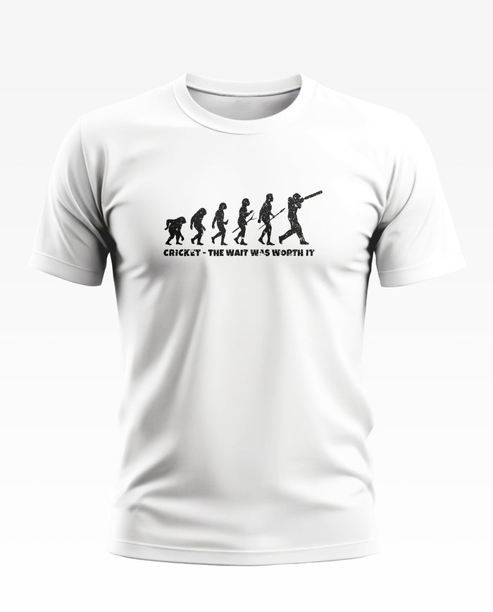 White men’s t-shirt with black evolution to cricket batsman graphic and text, front view