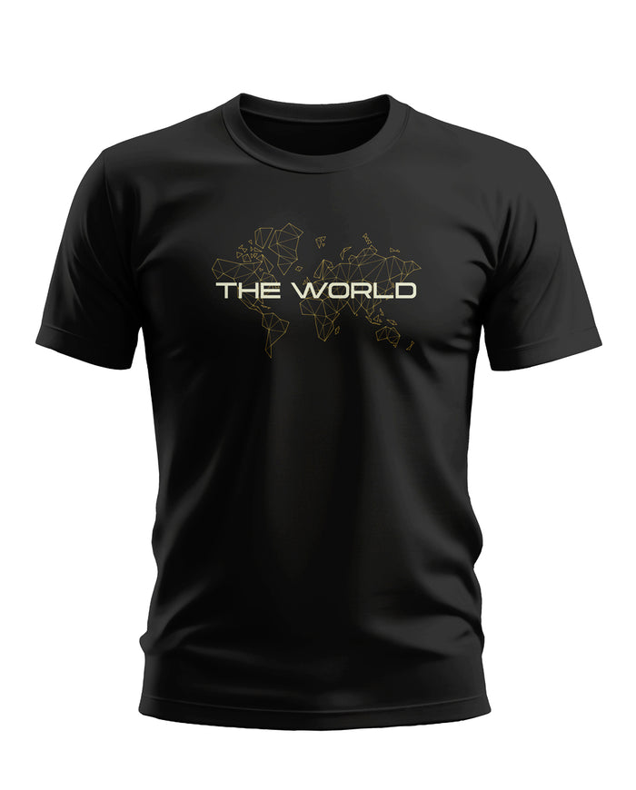 Black men's t-shirt with geometric world map and 'THE WORLD' text on chest