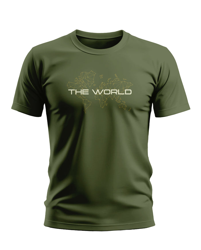 Olive green men's t-shirt with geometric world map and 'THE WORLD' text graphic