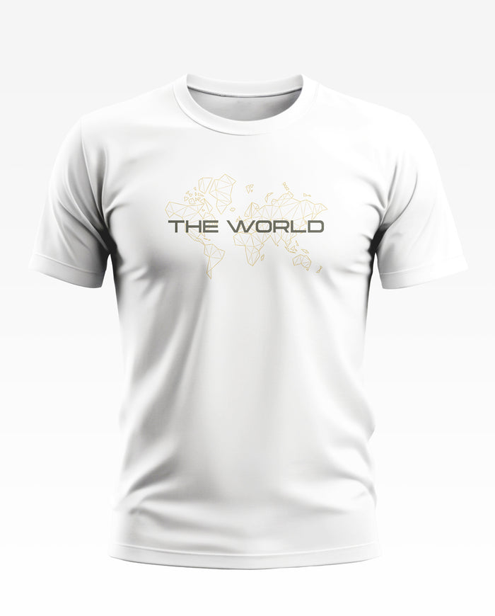 White men's T-shirt with geometric world map and 'THE WORLD' text printed on front