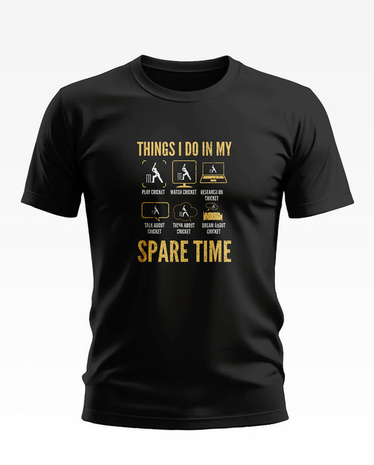 Black men's t-shirt with cricket-themed graphic and yellow 'spare time' text design.