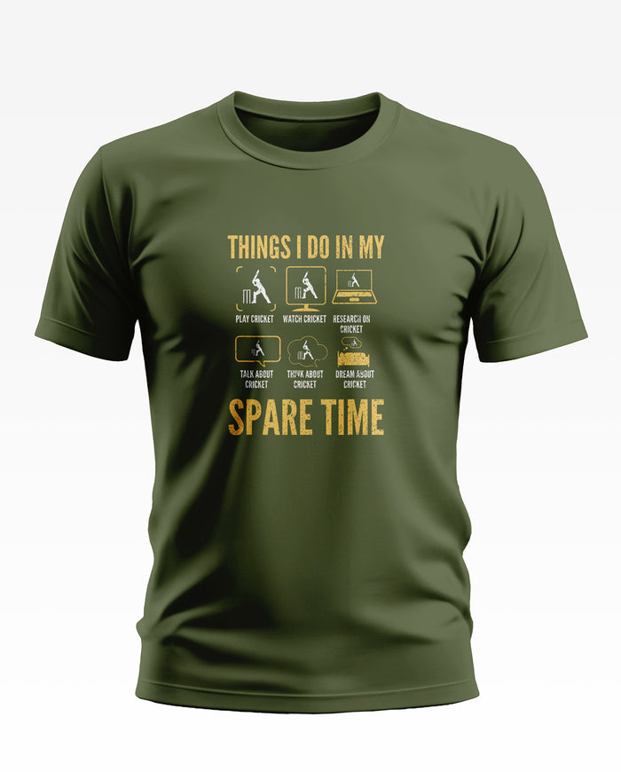 Olive green men's t-shirt with yellow cricket-themed graphic and text about spare time activities