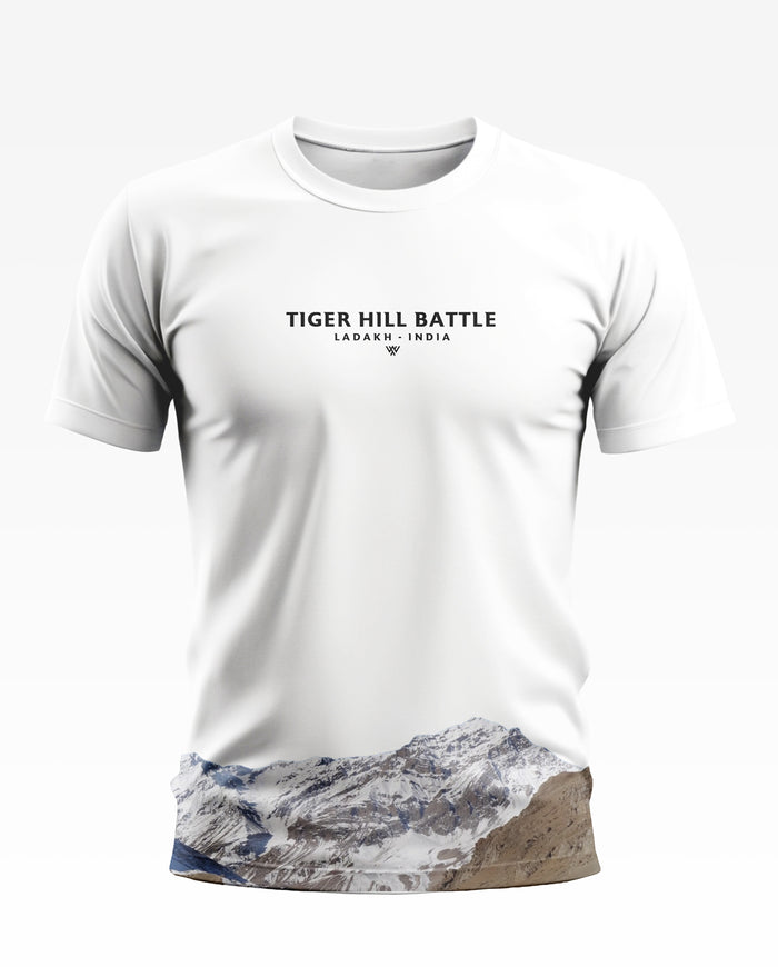 White men's t-shirt featuring 'Tiger Hill Battle Ladakh India' text and mountain print hem.