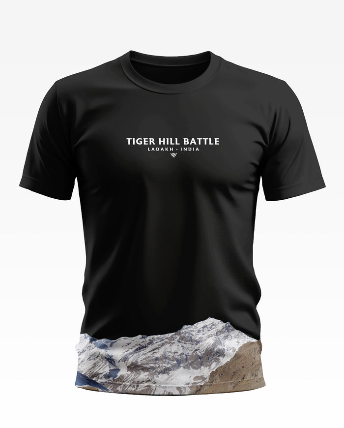 Black men's t-shirt with 'Tiger Hill Battle Ladakh India' text and mountain print at the hem