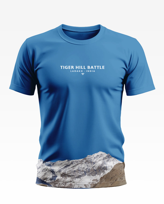 Blue men's t-shirt with 'Tiger Hill Battle Ladakh India' text and snowy mountain print