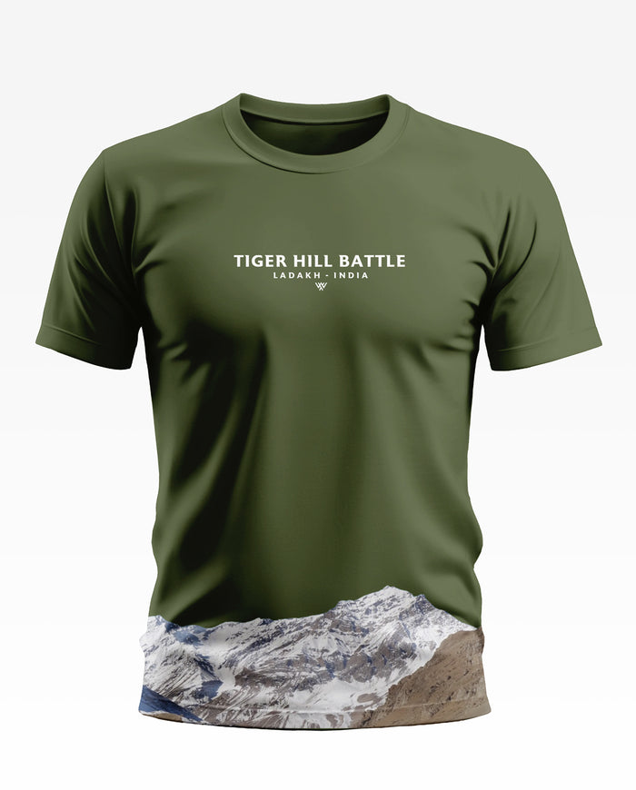 Olive green men's t-shirt with 'Tiger Hill Battle Ladakh India' text and mountain graphic