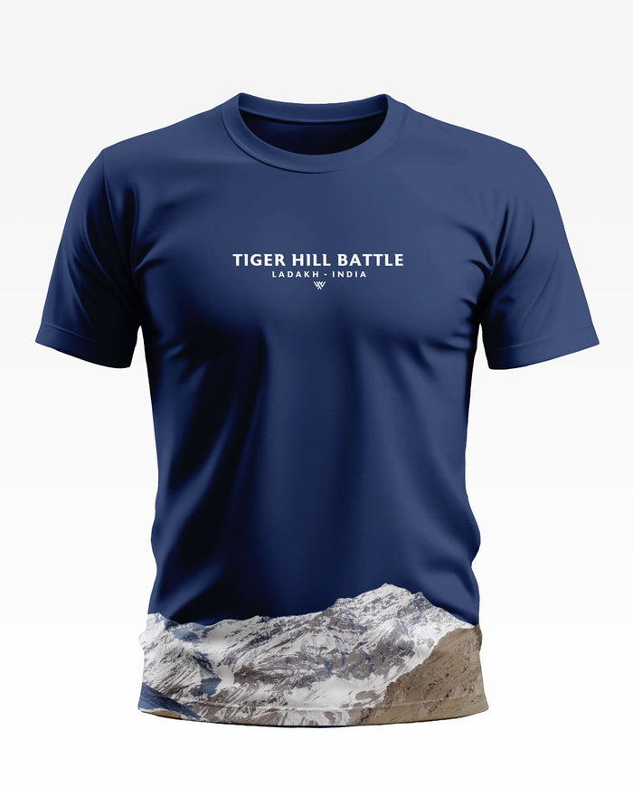 Navy blue men's t-shirt with 'Tiger Hill Battle Ladakh India' text and mountain print at bottom