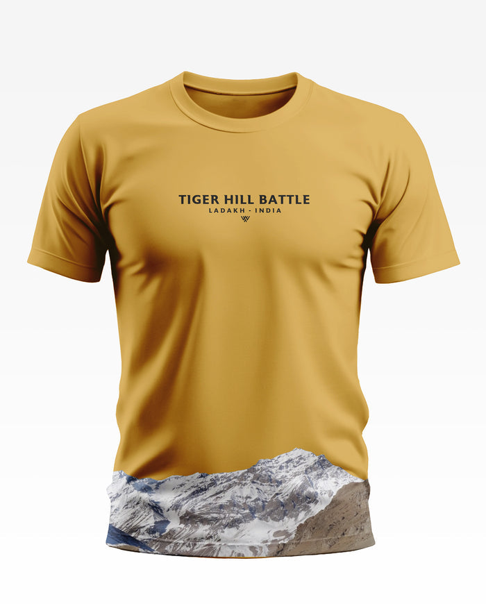 Yellow men's t-shirt with 'Tiger Hill Battle Ladakh India' text and snowy mountain graphic at hem