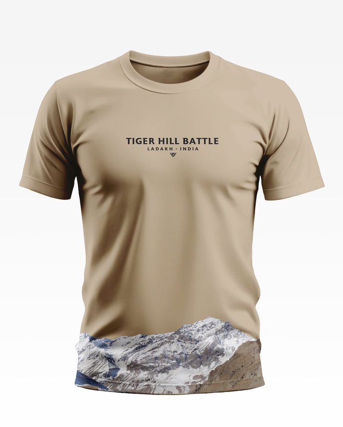 Beige men's t-shirt with 'Tiger Hill Battle Ladakh India' text and mountain graphic print