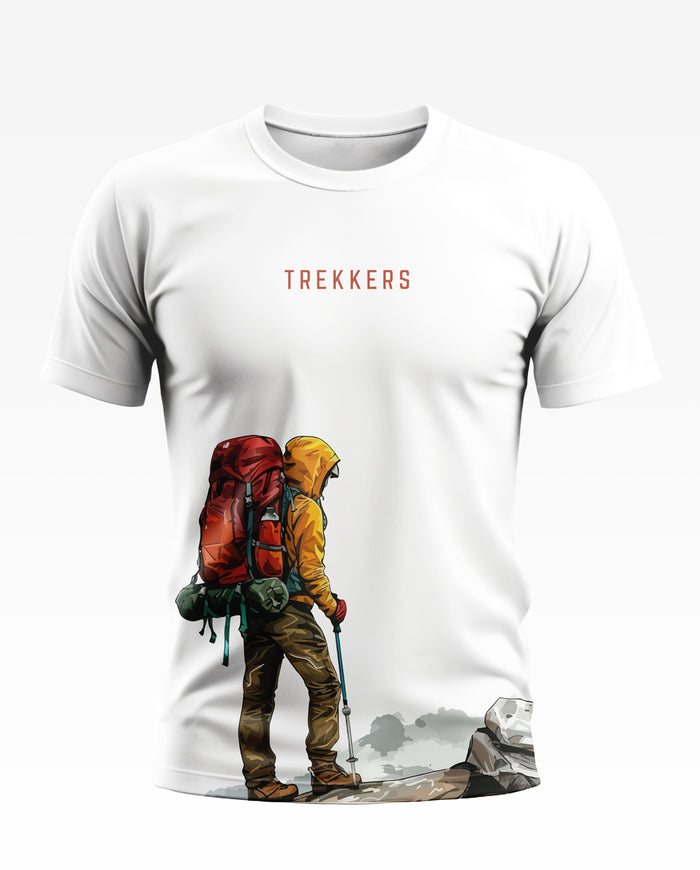 White men's t-shirt with 'TREKKERS' text and graphic of hiker with backpack on mountain.