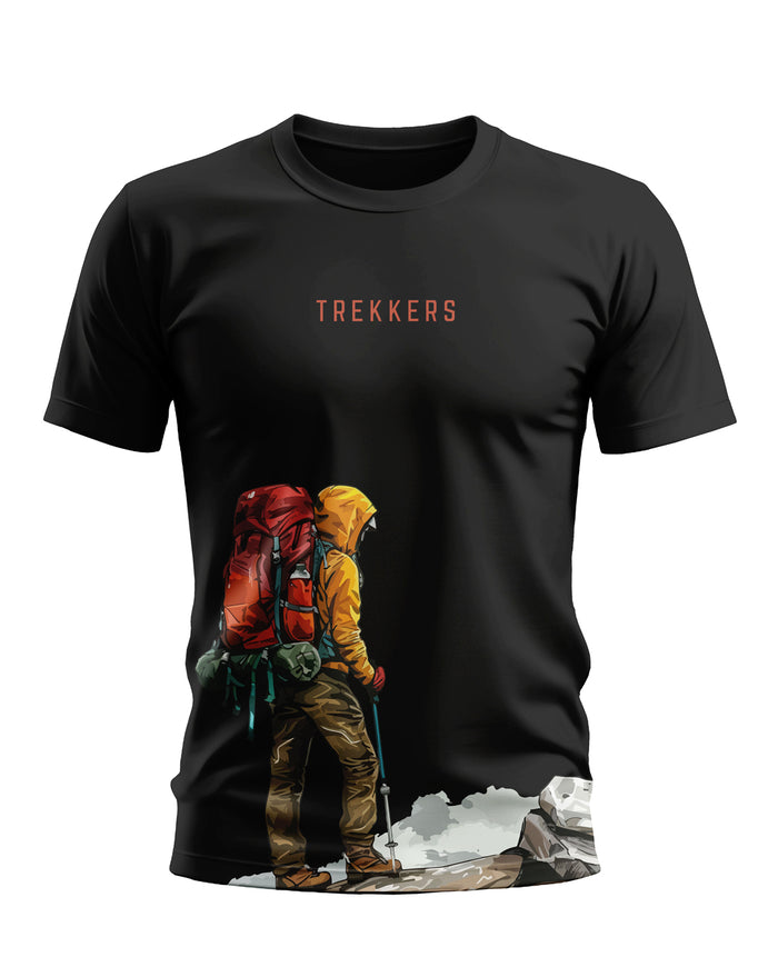 Black men's t-shirt with 'TREKKERS' text and colorful hiker graphic, outdoor fashion style