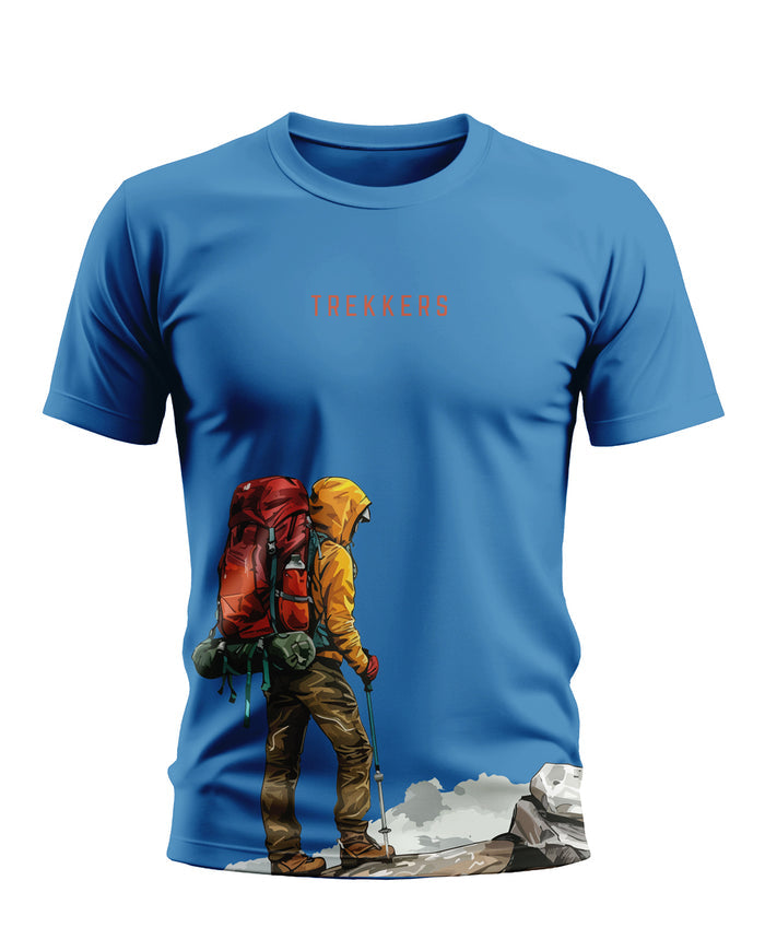 Blue men's t-shirt with 'TREKKERS' text and hiker graphic, trekking fashion style