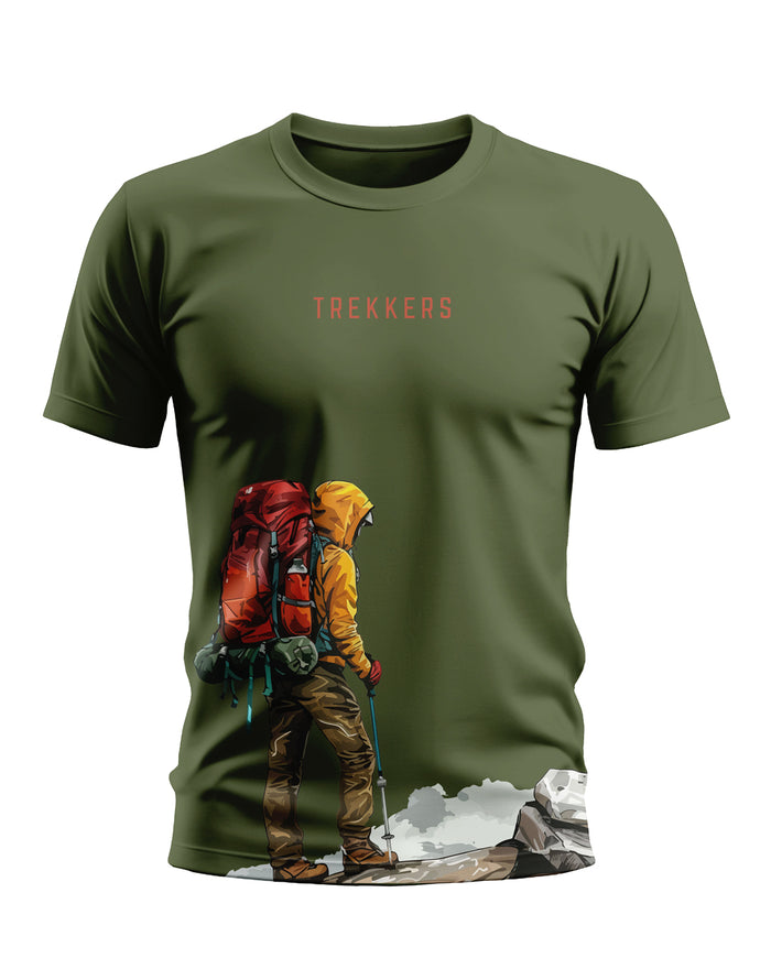 Olive green men's t-shirt with 'TREKKERS' text and hiker graphic, outdoor adventure design