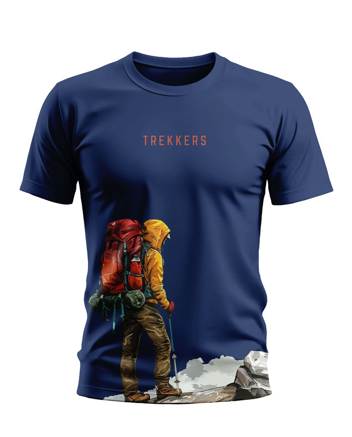 Navy blue t-shirt with 'TREKKERS' text and a hiker illustration in outdoor gear on rocky terrain.