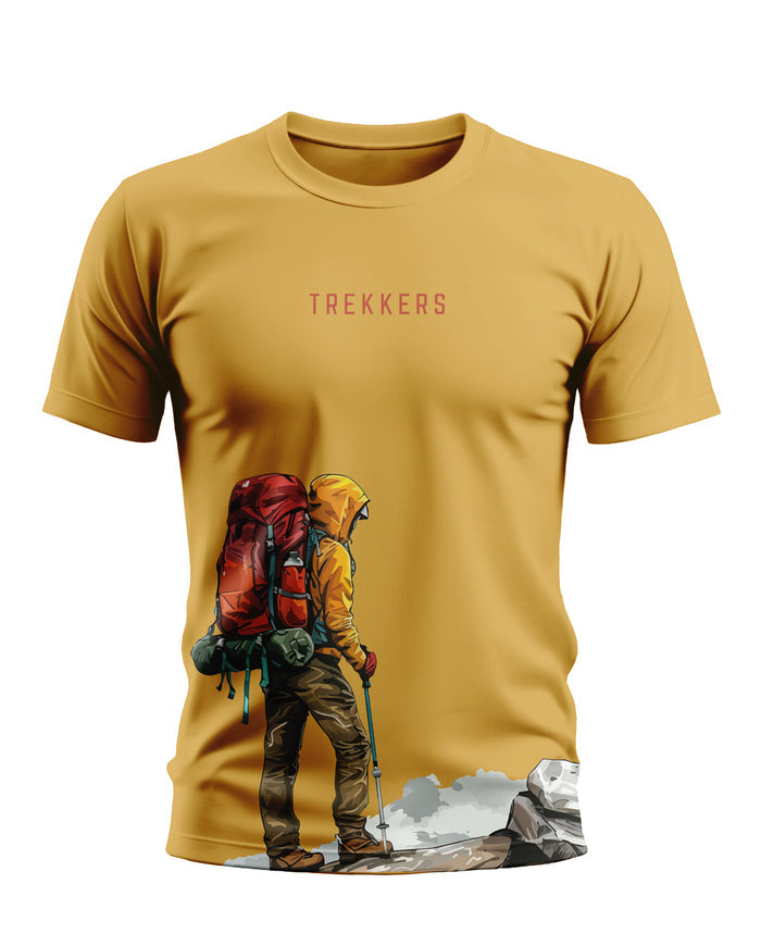 Yellow men's t-shirt with 'TREKKERS' text and graphic of a hiker on a mountain.