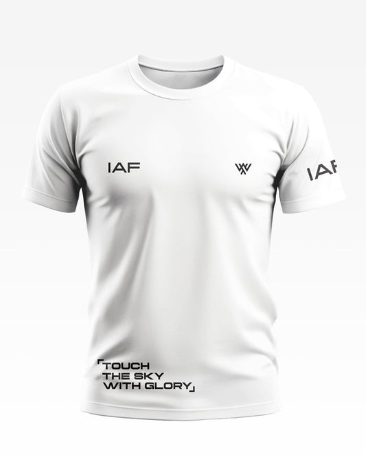 White men's t-shirt with 'IAF' and 'Touch the sky with glory' text, front view