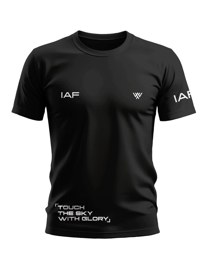 Black men's t-shirt with IAF and slogan Touch The Sky With Glory in white text, short sleeves