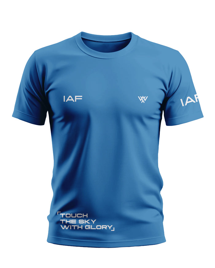 Blue men's t-shirt with IAF text and 'Touch the Sky with Glory' slogan, crew neck, short sleeves