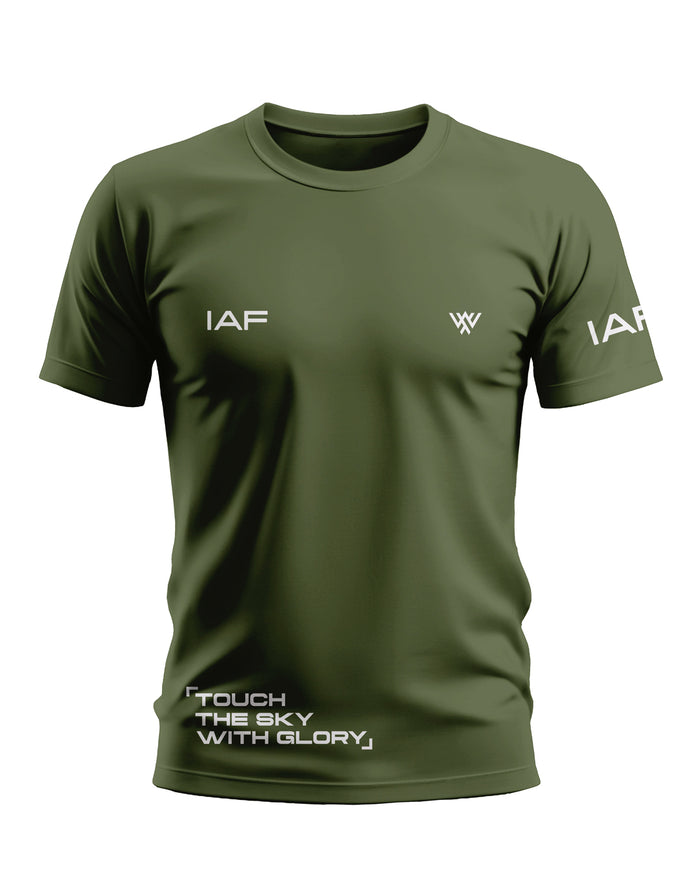 Olive green men's t-shirt with IAF text, slogan 'Touch the Sky with Glory,' and short sleeves.
