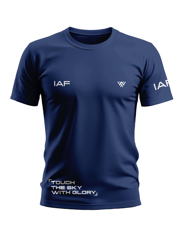 Navy blue men's t-shirt with IAF text, chest emblem, and 'Touch the Sky with Glory' quote.